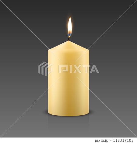 Vector 3D Realistic Paraffin Wax Burning Party Spa Candle and Burning Flame Closeup. Candle, Candle Flame Design Template for Relaxation, Wellness and Celebration Concept, Front View Vector 3D Realistic Paraffin Wax Burning Party Spa Candle and Burning Flame Closeup. Candle, Candle Flame Design Template for Relaxation, Wellness and Celebration Concept, Front View 118317105