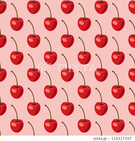 Vector Seamless Pattern with Adorable Cherry on Pink Background. Cute Cherries for Valentine s Day, Love, Romance Concept 118317107