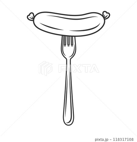 Flat Vector Cartoon Sausage on Fork with Outline Closeup Isolated on White Background. Vector Food Illustration for Menu, BBQ, and Culinary Design 118317108