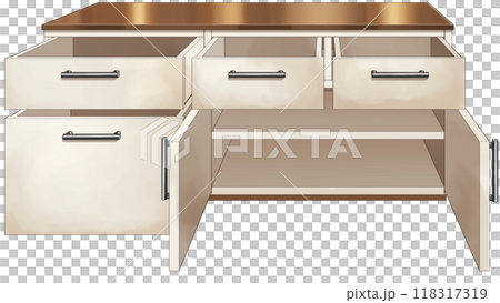 Kitchen cabinet with open drawers and doors 118317319