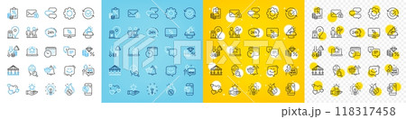 Vector icons set of Tax document, Teamwork and Notification cart line icons pack for web with Inspect, 24h service, Hot loan outline icon. Calendar time, Loyalty program, Deflation pictogram. Vector Vector icons set of Tax document, Teamwork and Notification cart line icons pack for web with Inspect, 24h service, Hot loan outline icon. Calendar time, Loyalty program, Deflation pictogram. Vector 118317458
