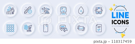 Fake news, Delivery plane and Project deadline line icons for web app. Pack of Bus, Employee results, Smartphone pictogram icons. Refresh mail, Oil serum, Fingerprint research signs. Vector Fake news, Delivery plane and Project deadline line icons for web app. Pack of Bus, Employee results, Smartphone pictogram icons. Refresh mail, Oil serum, Fingerprint research signs. Vector 118317459
