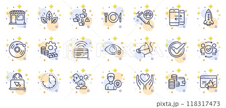 Outline set of Approved teamwork, Time and Vinyl record line icons for web app. Include Market, Organic tested, Money pictogram icons. Person idea, Food, Wallet signs. Circles with 3d stars. Vector 118317473