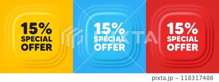 15 percent discount offer tag. Neumorphic offer banners. Sale price promo sign. Special offer symbol. Discount podium background. Product infographics. Vector 118317486