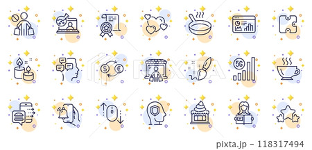 Outline set of Aroma candle, Paint brush and Food order line icons for web app. Include Online chemistry, Certificate, Messages pictogram icons. Stars, 5g wifi, Puzzle signs. Frying pan. Vector 118317494