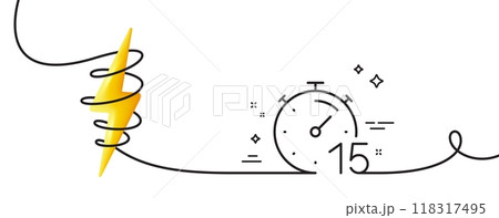Timer 15 minutes line icon. Continuous one line with curl. Stopwatch time sign. Countdown clock symbol. Timer single outline ribbon. Loop curve with energy. Vector Timer 15 minutes line icon. Continuous one line with curl. Stopwatch time sign. Countdown clock symbol. Timer single outline ribbon. Loop curve with energy. Vector 118317495