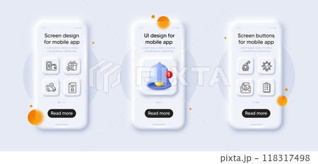 Wallet money, Checklist and Video conference line icons pack. 3d phone mockups with bell alert. Glass smartphone screen. Reject file, Smile, Brand ambassador web icon. Vector 118317498