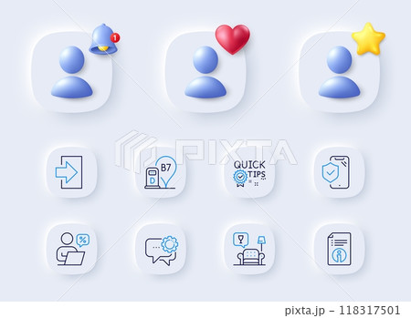 Quick tips, Employees messenger and Login line icons. Placeholder with 3d bell, star, heart. Pack of Technical info, Phone insurance, Diesel station icon. Online discounts, Lounge pictogram. Vector Quick tips, Employees messenger and Login line icons. Placeholder with 3d bell, star, heart. Pack of Technical info, Phone insurance, Diesel station icon. Online discounts, Lounge pictogram. Vector 118317501
