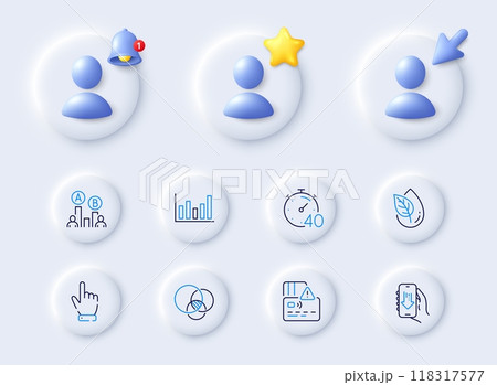 Card, Ab testing and Column chart line icons. Placeholder with 3d cursor, bell, star. Pack of Timer, Download app, Organic product icon. Euler diagram, Cursor pictogram. For web app, printing. Vector 118317577