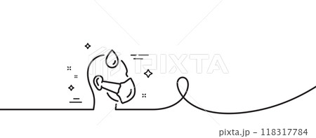 Sick man with medical mask line icon. Continuous one line with curl. Safety respiratory mask sign. Coronavirus face protection symbol. Sick man single outline ribbon. Loop curve pattern. Vector 118317784