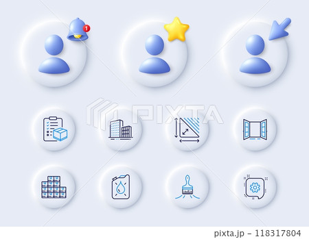 Cogwheel, Brush and Parcel checklist line icons. Placeholder with 3d cursor, bell, star. Pack of Open door, Wholesale inventory, Canister icon. Triangle area, Buildings pictogram. Vector 118317804