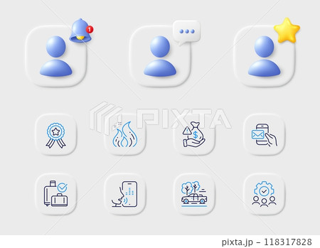 Bribe, Winner ribbon and Fire energy line icons. Placeholder with 3d star, reminder bell, chat. Pack of Pickup, Messenger mail, Baggage reclaim icon. Voicemail, Teamwork pictogram. Vector 118317828