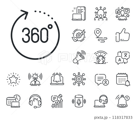Panoramic view sign. Place location, technology and smart speaker outline icons. 360 degrees line icon. VR technology simulation symbol. 360 degrees line sign. Vector 118317833
