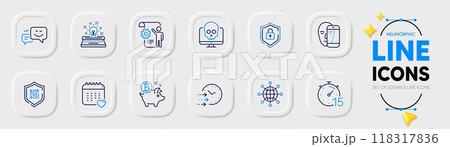 Settings blueprint, Delivery time and Healthcare calendar line icons for web app. Pack of Cyber attack, Face biometrics, Bitcoin coin pictogram icons. Happy emotion, International globe. Vector 118317836