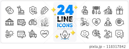 Icons set of Calendar, Love ticket and Travel delay line icons pack for app with Say yes, Baggage cart, Fireworks thin outline icon. Guard, Buyer, Boat fishing pictogram. Grill tools. Vector 118317842