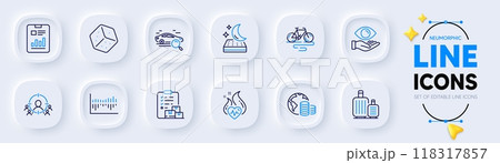 Delivery report, Column diagram and Business targeting line icons for web app. Pack of Budget, Baggage, Cardio training pictogram icons. Mattress, Search car, Bike signs. Dice. Vector Delivery report, Column diagram and Business targeting line icons for web app. Pack of Budget, Baggage, Cardio training pictogram icons. Mattress, Search car, Bike signs. Dice. Vector 118317857