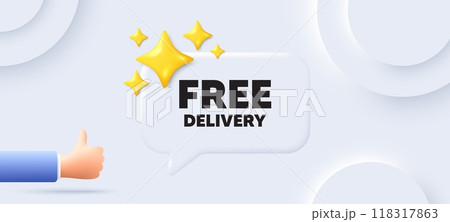 Free delivery tag. Neumorphic background with chat speech bubble. Shipping and cargo service message. Business order icon. Free delivery speech message. Banner with like hand. Vector 118317863