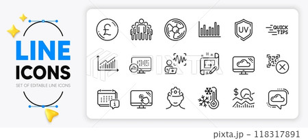 Freezing, Graph and Air fan line icons set for app include Touch screen, Uv protection, Architect plan outline thin icon. Voice wave, Brain working, Education pictogram icon. Vector Freezing, Graph and Air fan line icons set for app include Touch screen, Uv protection, Architect plan outline thin icon. Voice wave, Brain working, Education pictogram icon. Vector 118317891