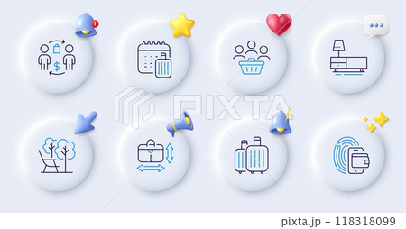 Deckchair, Wallet and Baggage line icons. Buttons with 3d bell, chat speech, cursor. Pack of Dresser, Buying process, Baggage calendar icon. Handbag size, Buyers pictogram. Vector 118318099