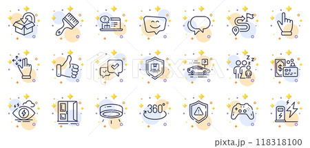 Outline set of Online help, Cursor and Sleep line icons for web app. Include Like hand, Package protection, Open door pictogram icons. Shield, Card, Return package signs. Car parking. Vector 118318100