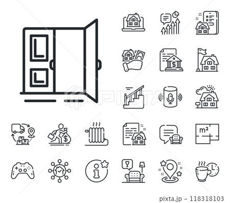 Entrance doorway sign. Floor plan, stairs and lounge room outline icons. Open door line icon. Building exit symbol. Open door line sign. House mortgage, sell building icon. Real estate. Vector Entrance doorway sign. Floor plan, stairs and lounge room outline icons. Open door line icon. Building exit symbol. Open door line sign. House mortgage, sell building icon. Real estate. Vector 118318103