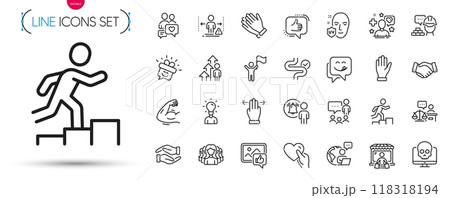 Pack of Helping hand, Dating chat and User notification line icons. Include Cyber attack, Like, Leader run pictogram icons. Leadership, Patient, Multitasking gesture signs. Vector Pack of Helping hand, Dating chat and User notification line icons. Include Cyber attack, Like, Leader run pictogram icons. Leadership, Patient, Multitasking gesture signs. Vector 118318194