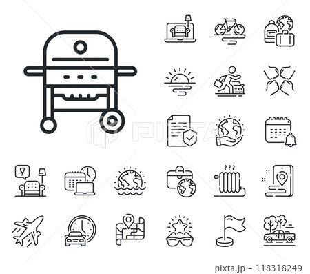 Barbecue cooker for cooking food sign. Plane jet, travel map and baggage claim outline icons. Gas grill line icon. Meat brazier symbol. Gas grill line sign. Car rental, taxi transport icon. Vector Barbecue cooker for cooking food sign. Plane jet, travel map and baggage claim outline icons. Gas grill line icon. Meat brazier symbol. Gas grill line sign. Car rental, taxi transport icon. Vector 118318249