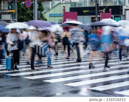 雨の日に傘を差して横断歩道を渡る人々 雨の日に傘を差して横断歩道を渡る人々 118318252