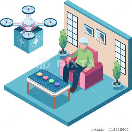 Isometric Drone Delivering Medical Supplies to Patient at Home 118318405