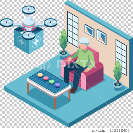 Isometric Drone Delivering Medical Supplies to Patient at Home 118318405