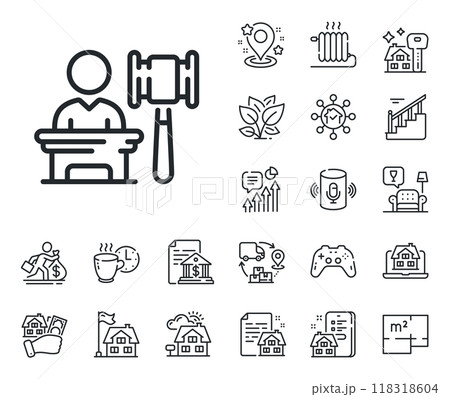 Bid offer sign. Floor plan, stairs and lounge room outline icons. Auction line icon. Act hammer deal symbol. Auction line sign. House mortgage, sell building icon. Real estate. Vector 118318604