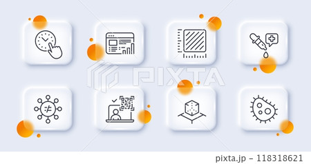 Square meter, Augmented reality and Bacteria line icons pack. 3d glass buttons with blurred circles. Qr code, Discrimination, Web report web icon. Chemistry pipette, Time management pictogram. Vector Square meter, Augmented reality and Bacteria line icons pack. 3d glass buttons with blurred circles. Qr code, Discrimination, Web report web icon. Chemistry pipette, Time management pictogram. Vector 118318621