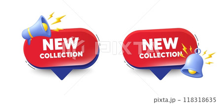 New collection tag. Speech bubbles with 3d bell, megaphone. New fashion arrival sign. Advertising offer symbol. New collection chat speech message. Red offer talk box. Vector New collection tag. Speech bubbles with 3d bell, megaphone. New fashion arrival sign. Advertising offer symbol. New collection chat speech message. Red offer talk box. Vector 118318635