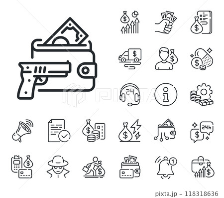 Money fraud crime sign. Cash money, loan and mortgage outline icons. Armed robbery line icon. Thief with gun steal cash symbol. Armed robbery line sign. Credit card, crypto wallet icon. Vector 118318636