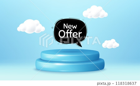 New offer bubble banner. Winner podium 3d base. Product offer pedestal. Arrival black sticker. Offer label icon. New offer promotion message. Background with 3d clouds. Vector New offer bubble banner. Winner podium 3d base. Product offer pedestal. Arrival black sticker. Offer label icon. New offer promotion message. Background with 3d clouds. Vector 118318637
