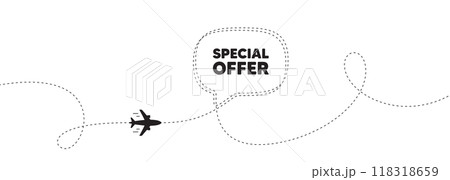 Special offer tag. Plane travel path line banner. Sale sign. Advertising Discounts symbol. Special offer speech bubble message. Plane location route. Dashed line. Vector 118318659