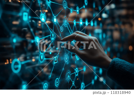 A hand interacting with a futuristic digital network interface, connecting various glowing data points and icons 118318940