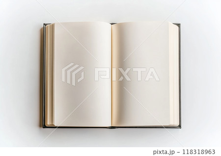 An open book with blank cream-colored pages, offering space for writing, sketching, or creating ideas An open book with blank cream-colored pages, offering space for writing, sketching, or creating ideas 118318963
