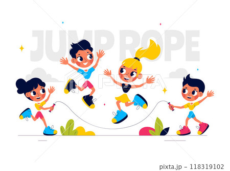 Vector Illustration of Children Playing Jump Rope Wearing Sportswear During Indoor Fitness Sport Activities in a Flat Style Cartoon Background Vector Illustration of Children Playing Jump Rope Wearing Sportswear During Indoor Fitness Sport Activities in a Flat Style Cartoon Background 118319102