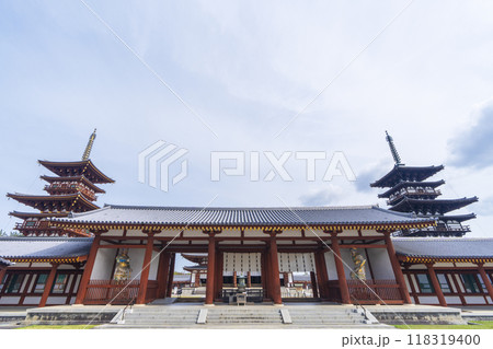 壮大なスケールの奈良薬師寺の風景　西塔・中門・東塔 118319400