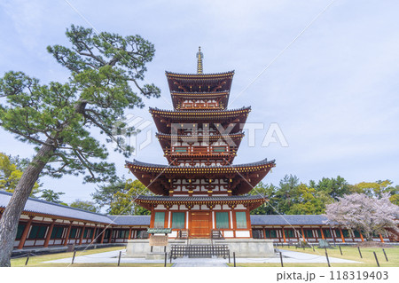 奈良　薬師寺　西塔と桜 118319403