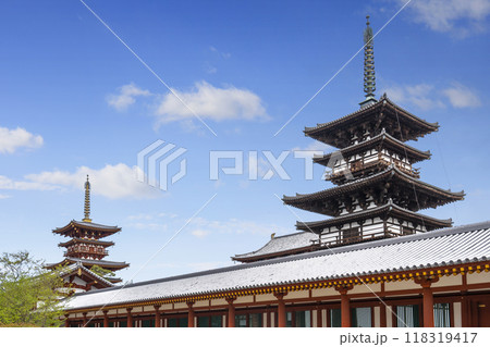 壮大なスケールの奈良薬師寺の風景　西塔・中門・東塔 118319417