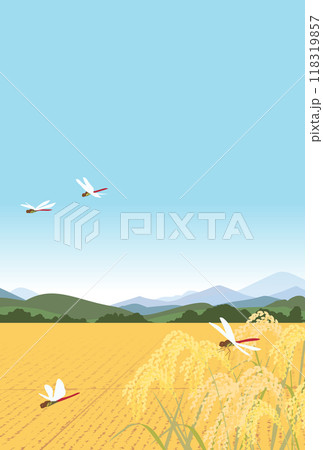 秋の稲田と赤トンボのイラスト 118319857