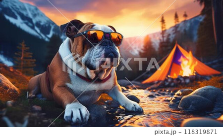 テントで焚き火をするフドッグ テントで焚き火をするフドッグ 118319871