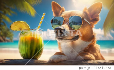 夏のビーチでココナッツジュースを頼むパリピ犬 118319878