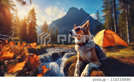 ソロキャン中に対岸のレディを見つめるグラサン犬 118319890