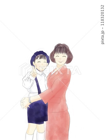 スーツを切る母親と制服を着る園児のイラスト スーツを切る母親と制服を着る園児のイラスト 118320132