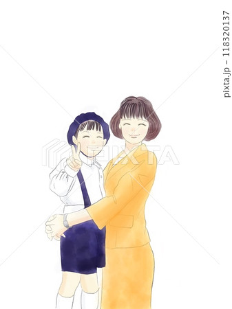 スーツを切る母親と制服を着る園児のイラスト スーツを切る母親と制服を着る園児のイラスト 118320137