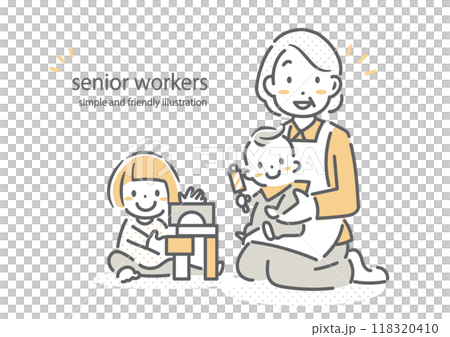 Senior woman happily babysitting - simple and stylish line drawing illustration 118320410