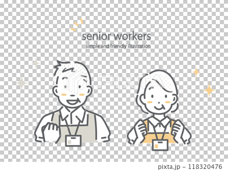A simple and stylish line drawing of a senior woman and a senior man working energetically 118320476